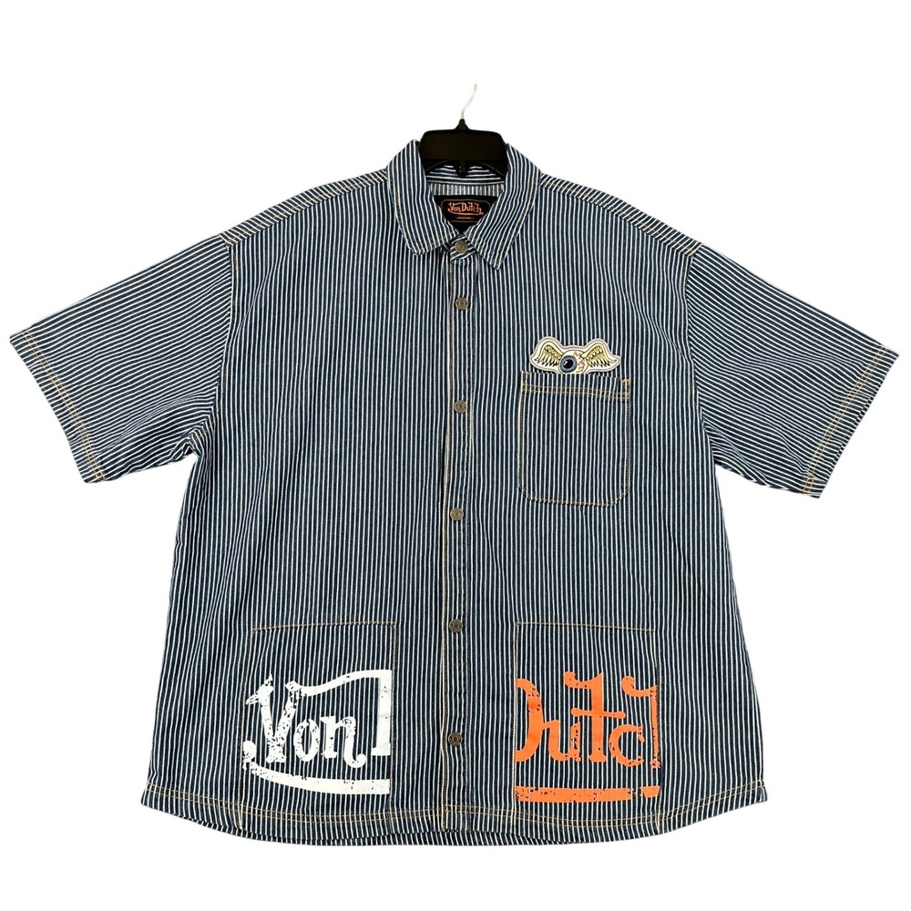 Von Dutch Originals Hickory Stripe Shirt Men XL Flying Eyeball Railroad Workwear